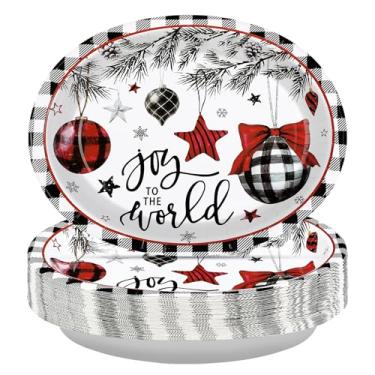 Imagem de 50 peças de pratos ovais de Natal, 25,4 x 30,5 cm, grandes, descartáveis, resistentes, bolas vermelhas pretas de pinheiro, pratos de sobremesa xadrez de búfalo preto, para artigos de festa de inverno
