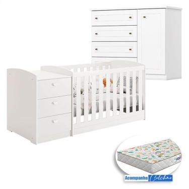 Imagem de Berço Multifuncional Atlanta E Cômoda Infantil Americano Henn Branco Fosco Com Colchão Gazin - Reller