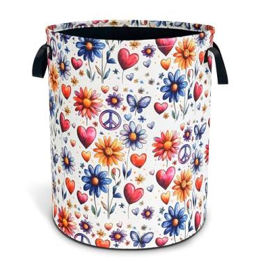 Imagem de Peace Flowers Cesta de lavanderia hippie floral dobrável à prova d'água pano Oxford engraçado cesto de roupa balde de roupas organizador de brinquedos para banheiro/armazenamento de lavanderia/quarto
