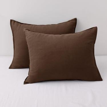 Imagem de CHUFFED 100% fronhas de linho francês, tamanho padrão, conjunto de 2, fronhas de linho lavado com pedra com fecho de zíper - respirável e refrescante para pessoas com sono quente, 50 x 66 cm, cacau