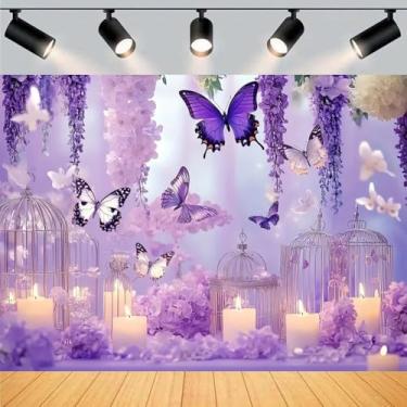 Imagem de Pano de fundo floral de borboleta roxa floral país das maravilhas lavanda tema borboleta faixa de fundo para meninas artigos de festa de aniversário casamento 1º aniversário decoração de festa de chá