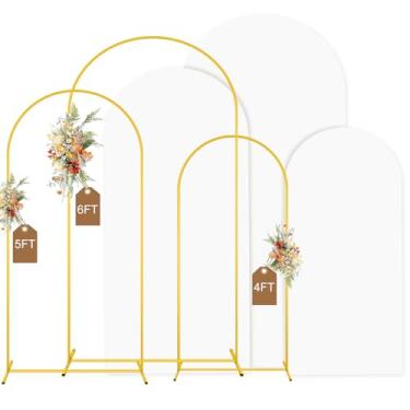 Imagem de MODFUNS Conjunto de suporte e capa de fundo de arco de metal, 1,2 m e 1,5 m e 1,8 m, arco dourado, capa de arcos brancos, moldura de fundo arqueado de balão com capas para decoração de festa de