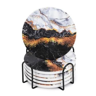 Imagem de STNRST-IN Conjunto de 6 porta-copos, porta-copos de cerâmica absorvente estilo mármore preto com suporte, porta-copos modernos de pedra para decoração de mesa de jantar de café em casa presentes de