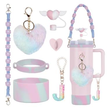 Imagem de Rabrgab Conjunto de 7 peças de acessórios para copo Stanley com alça, decoração de copo feminino para meninas para 1,134 g, 850 g, 590 g, incluindo topo de palha de coração, pingentes de coração, bota