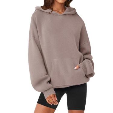 Imagem de Moletom feminino MEROKEETY 2024, com capuz grande, caqui, de outono