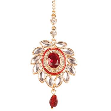 Imagem de Touchstone New Contemporary Kundan Collection Indian Bollywood Mughal Floral Kundan Look Faux Pearl Beads Broad Bridal Jewelry Maangtika e Jhumar em tom dourado para mulheres