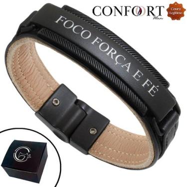 Imagem de Pulseira de Couro Magnética Foco Força Fé Costura Branca - GRANADO ACE