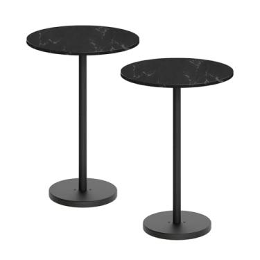 Imagem de YATINEY Mesa de bar, conjunto de 2 mesas de bar redondas, mesa de balcão de altura, mesa de coquetel de pub, moldura de metal, para bistrô, sala de jantar, sala de estar, terraço, mármore preto e