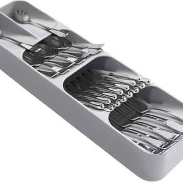 Imagem de Organizador de Talheres para Cozinha, Plástico Cinza, 39,5 x 11 x 5,5 cm, Bandeja com Compartimentos para Gaveta ou Bancada