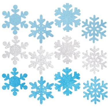 Imagem de MixTeach 108 peças de recortes de floco de neve com glitter em formato de floco de neve de Natal para decoração de sala de aula brilhante de inverno com ponta de cola para quadro de avisos escolar