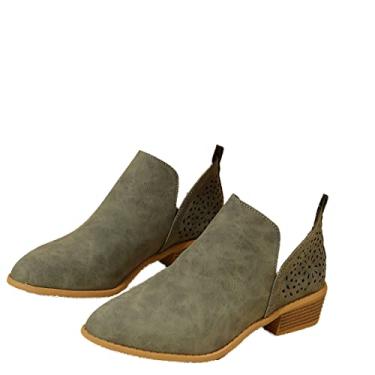 Imagem de JITUUE Botas de cano curto para mulheres, casual, recortada, salto baixo, salto grosso, perfurado, corte em V, estilo faroeste, sapatos recortados, Verde, 36