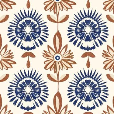 Imagem de BOKEBEVE Papel de parede floral com simetria boho papel de parede removível para gaveta destaque armário de parede quarto inquilino bege marrom azul 17,5 x 118 pol