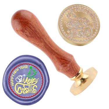Imagem de Carimbo de lacre de cera de Natal Merry Christma carimbo de latão e uma alça de madeira para cartões de Natal, convites de festa, envelopes de cartas, cartões de felicitações, presentes