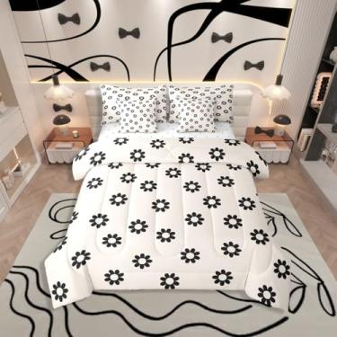Imagem de Erosebridal Conjunto de cama floral preto e branco, 7 peças, para meninas adolescentes, kawaii, margarida, edredom com lençóis, tamanho Queen, para quarto de meninas e mulheres, bege, boêmio, para