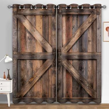 Imagem de HIYSMT Cortinas blackout de madeira rústica, cortina de porta de celeiro de madeira vintage marrom, 10,883 cm, cortinas de janela retrô rural rural para decoração de quarto e sala de estar, 2 painéis