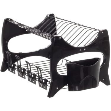 Imagem de Escorredor de Louça Preto Elegante com Porta-Copos e Porta-Talheres, Aço Carbono Antiferrugem, Organizador de Pia Moderno para Cozinha, Fácil de Limpar