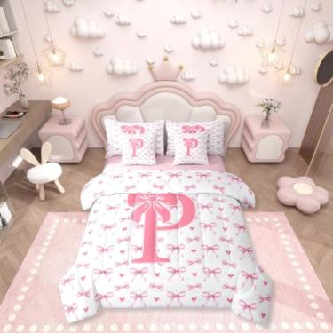 Imagem de Erosebridal Jogo de cama solteiro com laço rosa em uma bolsa, 7 peças, com letra P, gravata borboleta mágica, para crianças, meninos e meninas, conjunto de lençol com edredom