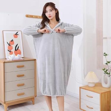 Imagem de Toalha de banho, roupão de banho feminino de lã com capuz roupão longo de spa