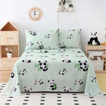 Imagem de Yibeizi Jogo de cama casal infantil com estampa de panda verde sálvia, microfibra e lençol de casal fofo macio Oeko-Tex com bolso extra profundo e fronhas, hipoalergênico, sem vincos