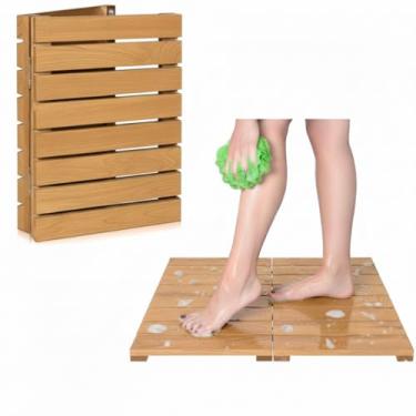 Imagem de Tapete de chuveiro dobrável de teca, antiderrapante, impermeável, tapete de banho de madeira para banheiro, banheira, spa, sauna, piscina, uso interno e externo
