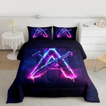 Imagem de Feelyou Conjunto de cama com espada cruzada, com inicial, macio, tamanho solteiro, presente para gamers, adolescentes, meninos, homens, edredom legal, tema de batalha, decoração de quarto, 2 peças com