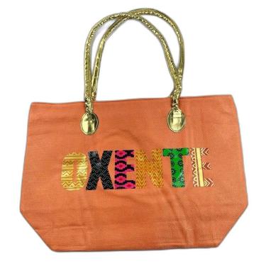 Imagem de Bolsa De Praia Palha Feminina Com Zíper De Ombro Oxente Sacola Ecobag Tote Juta Com Alça Dourada laranja