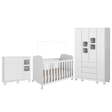 Imagem de Dormitório Infantil Uli Guarda Roupa 4 Portas, Cômoda E Berço Branco Brilho - Móveis Peroba
