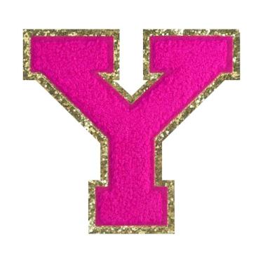 Imagem de 1 peça de patch de letra de chenille rosa de 11,4 cm com borda dourada – Remendos do alfabeto para roupas, jaquetas, mochilas, chapéus para decoração personalizada, nome personalizado e artesanato. (Y