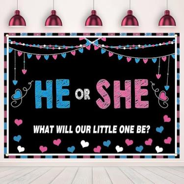 Imagem de MHLSWY Banner de poliéster revelador de gênero para ele ou ela azul rosa menino menina chá de bebê pano de fundo foto festa pano de fundo revelação de gênero surpresa suprimentos banner fotografia