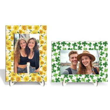 Imagem de Molduras de parede e mesa, 2 peças, flores amarelas e folhas verdes, porta-retratos de madeira com suporte de madeira, exibição de mesa, decoração de escritório, presente para mulheres, irmã e filha