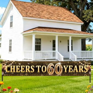 Imagem de Decorações de faixa de aniversário de 60 anos para mulheres e homens, faixa de sinalização "Cheers to 60 Years", ouro preto, extra grande, reutilizável, decorações de festa de aniversário de 60 anos