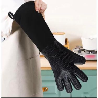 Imagem de Luvas de forno de silicone antiderrapantes extralongas duráveis resistentes ao calor para cozinha/churrasco, pretas. 48 cm