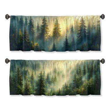 Imagem de AWJJPO Cortina de saia verde floresta para janelas, pacote com 2, pinheiros, nebuloso, sol, varão, tratamentos de janela, cortinas curtas para cozinha, janelas, banheiro, quarto, 137 x 45 cm