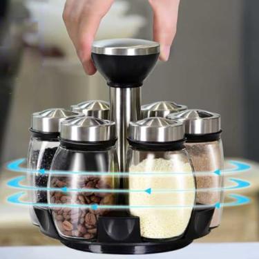 Imagem de Heiegdr Potes de temperos com rack, organizador giratório de especiarias de aço inoxidável para bancada conjunto de rack de tempero com 6 frascos de vidro para cozinha doméstica (camada única)