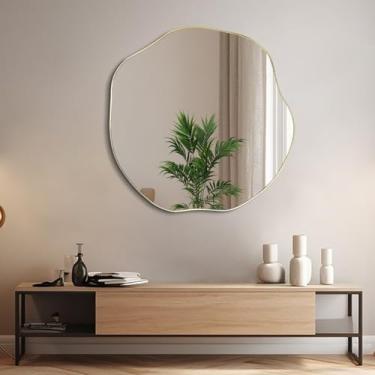 Imagem de POZINO Espelho de banheiro assimétrico, espelho de parede irregular de 89 cm, espelho de formato único, espelho redondo moderno para sala de estar, lareira, quarto, entrada