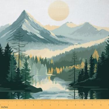 Imagem de Erosebridal Tecido de estofamento Boho Mountain por jarda, tecido decorativo de pinheiro aquarela para estofamento DIY, abstrato, nebuloso, verde, árvores, natureza, paisagem, nascer do sol, 1 jarda