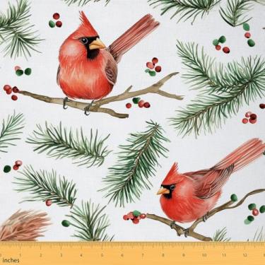 Imagem de Erosebridal Tecido Cardinal Bird por jarda, ornamentos de Natal, tecido impermeável para ambientes externos, 3 metros, galhos de árvores, tecido de estofamento de baga vermelha, pássaros tropicais