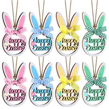 Imagem de Ornamento de árvore de coelho de páscoa enfeites de coelhinho pendurado de madeira com laço xadrez e corda enfeites de páscoa vazados de madeira linda decoração para decoração de jardim doméstico (estilo orelhas de coelho, 8)