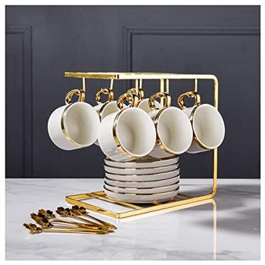 Imagem de Yalych Conjunto de xícaras de café de luxo europeu com borda dourada, colher de pires de 6 xícaras + suporte dourado, cerâmica, parede dupla, isolado, reutilizável, casa