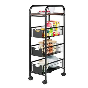 Imagem de Carrinho de cozinha com rodinhas com 4 pneus de malha de metal com rolamento, armazenamento de carrinho utilitário com cobertura de madeira, prateleira de cesta de arame multifuncional (cor: Tamanho A