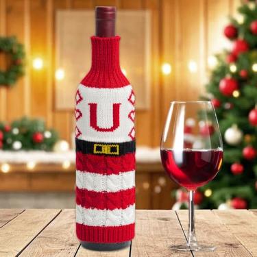 Imagem de 1 peça de capa decorativa de garrafa de vinho de Natal, lindo suéter de malha, recipientes de vinho, acessório de mesa de jantar para festa festiva (letra U)