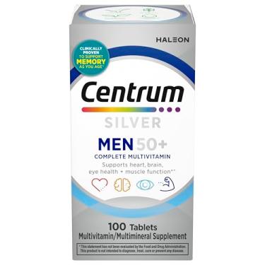 Imagem de Centrum Multivitamínico prata para homens 50 Plus, suplemento multimineral, vitamina D3, vitaminas B e zinco, sem glúten, ingredientes não OGM, auxilia na memória e cognição em adultos mais velhos -