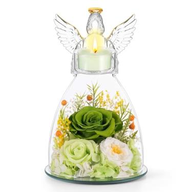 Imagem de Presentes de rosas de Natal para mãe, flores reais preservadas, rosas em vidro, estatuetas de anjo com suporte de vela Tealight, para avó, mulheres, mãe, esposa, sogra/verde