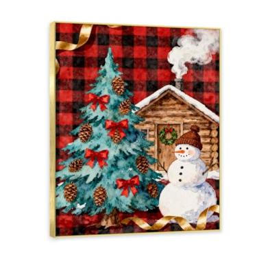 Imagem de NHLDZYH Moldura dourada. Imagem de Natal retrô country pintura em tela com padrão xadrez vermelho preto cores suaves country aconchegante decoração de Natal. A61. 80 x 105 cm
