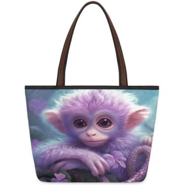 Imagem de Sacola grande para mulheres, animais fofos, roxos, macacos, bolsas de trabalho com zíper, reutilizáveis, bolsas de mão de mercearia, casual, para viagem, trabalho, férias, praia, compras, presentes