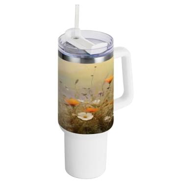 Imagem de xigua Copo vintage de flores silvestres de 1,134 g com alça e canudo, aço inoxidável duplo isolado a vácuo garrafa de água suporte de copo de garrafa de água amigável à prova de vazamento copo de