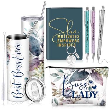 Imagem de Skylety Conjunto de 7 peças de presentes de Natal para mulheres, Best Boss Ever Gift Idea 590 ml, copo de aço inoxidável, bolsa de maquiagem, notebook, porta-chaves, canetas esferográficas, presentes