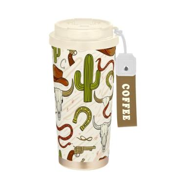 Imagem de SEHANY Caneca de viagem vintage caubói ocidental 482 g xícaras de café reutilizáveis revestidas de cerâmica com tampa à prova de vazamento, parede dupla, isolamento a vácuo, copo de café de aço