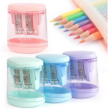 Imagem de Apontador de lápis manual com furos duplos compactos, coloridos, para crianças, escola, escritório, pacote com 4