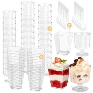 Imagem de SIJDIEE 120 peças de copos de sobremesa de plástico com colheres, mini copo de parfait de sobremesa de plástico transparente de 142 g, copos quadrados reutilizáveis de dose de sobremesa e taça redonda